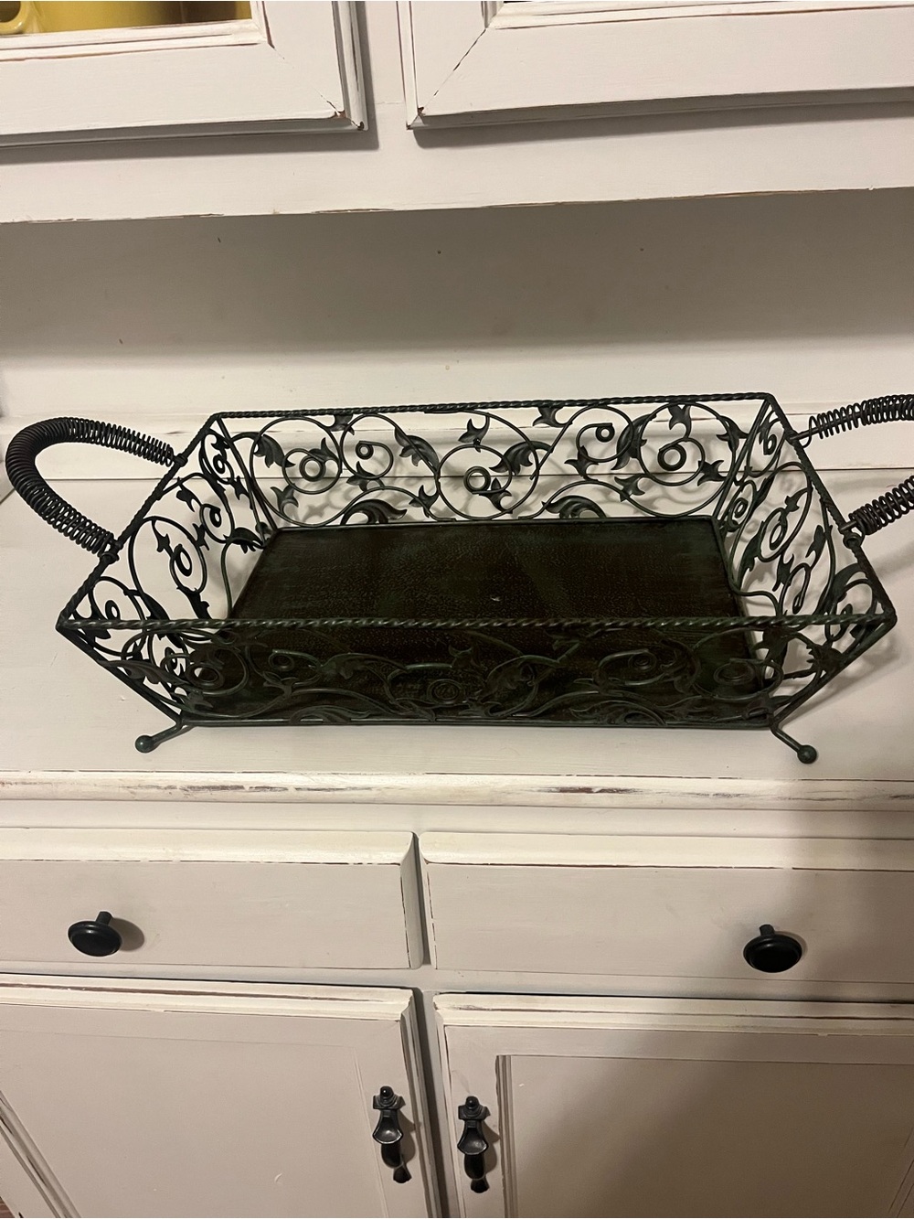Dark Green Metal Serving Tray with Handles